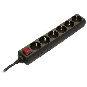 Schwabe Stekkerdoos zwart 6 x randaarde met schakelaar 1,4m kabel