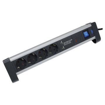 Schwabe Stekkerdoos 4x randaarde, 2x USB alu/zwart kabel 1,5m